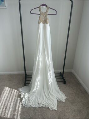 Elegant White Maxi Dress with Beaded Gold Halter